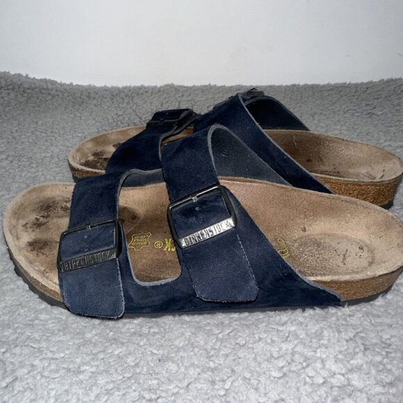 Birkenstock Arizona Shoes Womens Size 7 Navy Suede Sandals Two Strap Cork - Picture 3 of 7